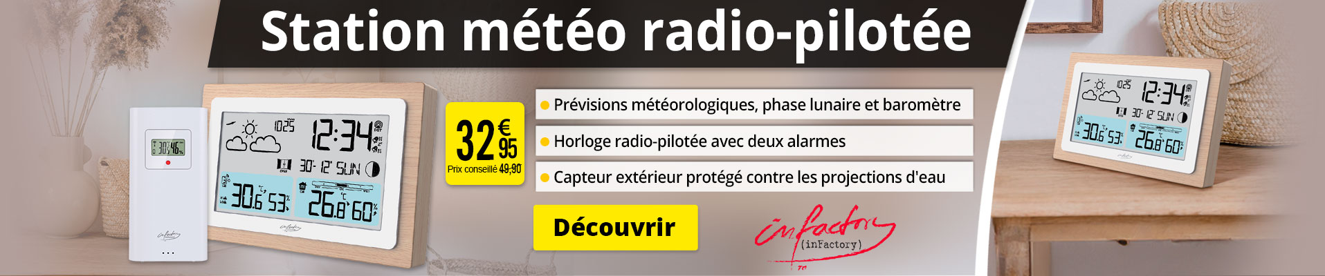 Station météo radio-pilotée FWS-100 avec cadre en bois -  Infactory - ZX7450